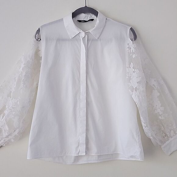 Zara White Organza Appliques Balloon Sleeves Button Down Shirt M (15) - Picture 2 of 10